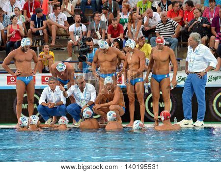 Budapest Hungary - Jul 14 2014. The italian team in the break. The Waterpolo European Championship was held in Alfred Hajos Swimming Centre in 2014.