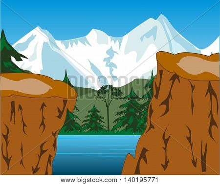 The Beautiful landscape of the snow mountains and yard.Vector illustration
