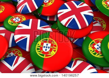 Portugal And Uk Badges Background - Pile Of Portuguese And British Flag Buttons 3D Illustration