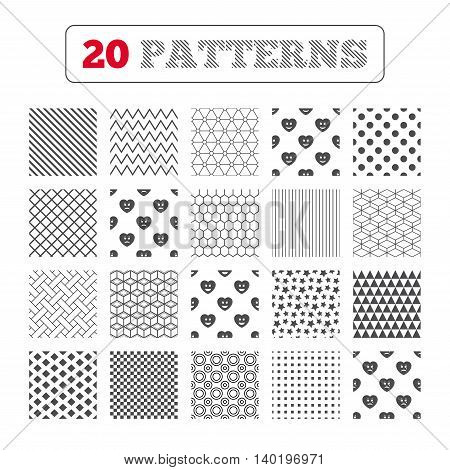 Ornament patterns, diagonal stripes and stars. Heart smile face icons. Happy, sad, cry signs. Happy smiley chat symbol. Sadness depression and crying signs. Geometric textures. Vector