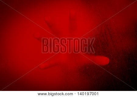 No panic,hand of woman behind stained or dirty window glass,Scary background for book cover