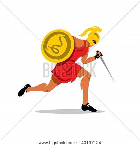 Gladiator in a helmet runs with shield and dagger. Isolated on a white background