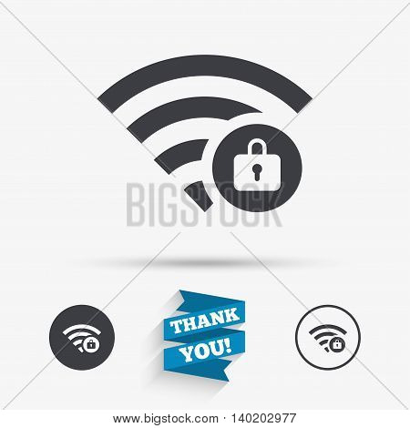 Wifi locked sign. Password Wi-fi symbol. Wireless Network icon. Wifi zone. Flat icons. Buttons with icons. Thank you ribbon. Vector