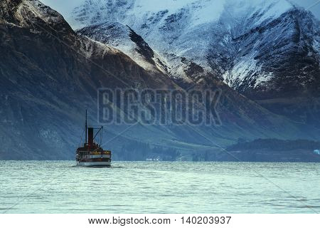 beautiful scenic of old steam engine boat in wakatipu lake queenstown south island new zealand