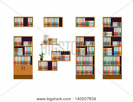 Set of office furniture. Cabinets and shelves for storage of documents isolated on white background. Colorful folders are in order. Flat style. Vector