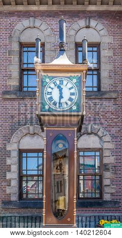 Otaru Hokkaido Japan: June 5 2016. The vintage steam clock tower in front of Otaru Music Box Museum. The steam clock was made by Canadian clock maker Raymond Sounders in 1977.
