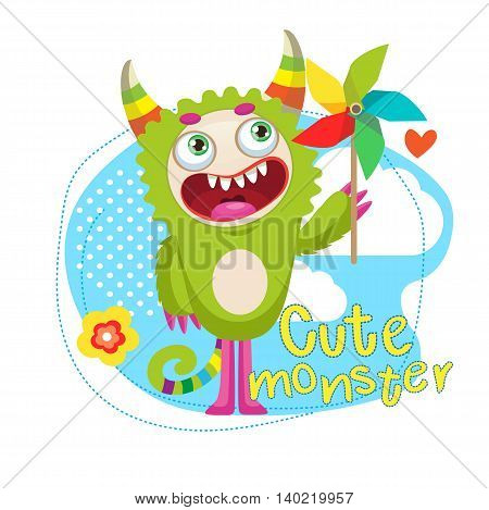Cute Animal Vector Illustration. Cartoon Beast Mascot. Green Сreature With Color Pinwheel. Funny Fantastic Spirit. Monsters University.