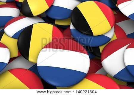 Netherlands And Belgium Badges Background - Pile Of Dutch And Belgian Flag Buttons 3D Illustration