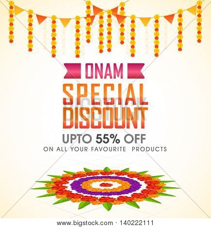 Onam Special Discount with Upto 55% Off, Creative Poster, Banner or Flyer design decorated with colorful rangoli for South India Festival celebration.
