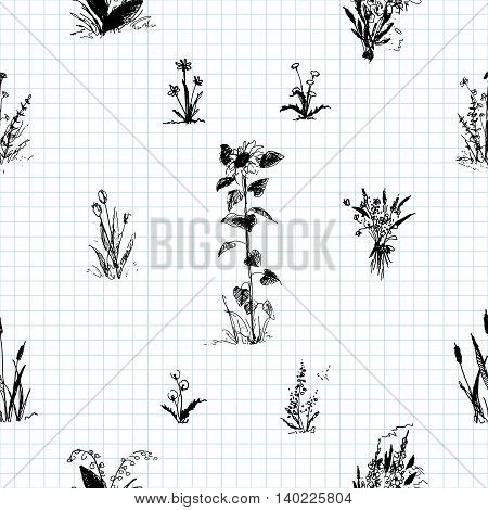 Hand drawn doodle flowers. Floral seamless pattern. Black outline, notebook background.