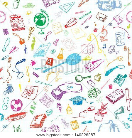 Hand drawn doodle school objects seamless pattern. Colored pen objects, notebook background. Learning, study, poster, flyer, design.