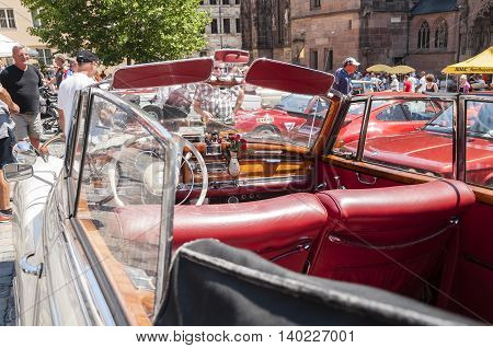 Nurnberg Bavaria / Germany - July 19th 2014: white vintage Mercedes Benz cabriolet at Sud - Rallye- Historic event in Nurnberg