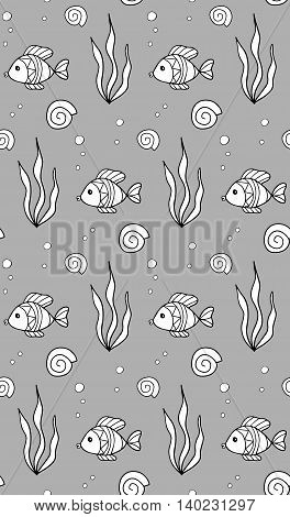 Hand drawn seamless pattern with fishes. Endless texture can be used for wallpaper, textile, pattern fills, web page background.