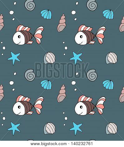 Hand drawn seamless pattern with fishes. Endless texture can be used for textile pattern, fills web page background.