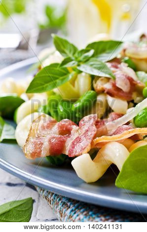 Pasta with bacon and vegetables in portion plate. Selective focus.