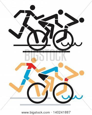 hree triathlon athletes icon, black and color variation. Vector available.