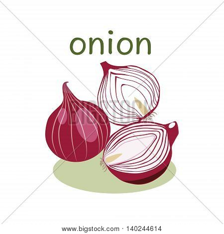 Red Onion Isolated object in flat style. Onion logo. Vegetable Organic food.Vector Illustration on white background.