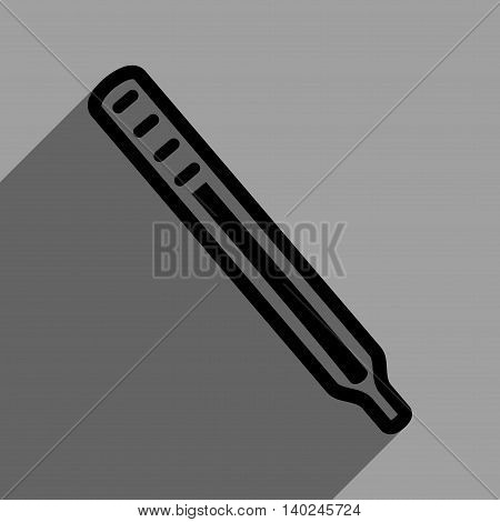 Medical Thermometer long shadow vector icon. Style is a flat medical thermometer black iconic symbol on a gray square background with longshadow.