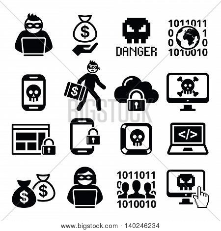 Hacker, cyber attack, cyber crime icons set