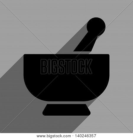 Mortar long shadow vector icon. Style is a flat mortar black iconic symbol on a gray square background with longshadow.