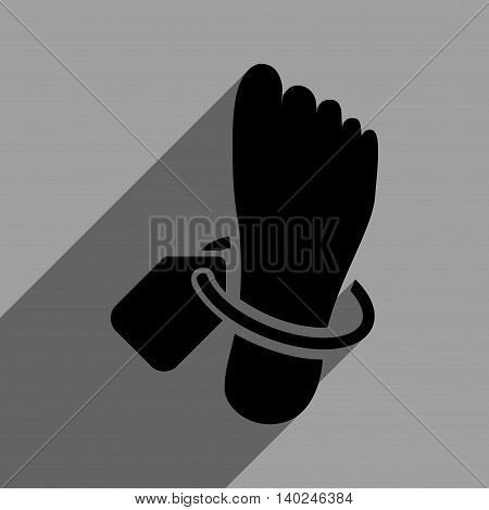 Mortuary Foot Tag long shadow vector icon. Style is a flat mortuary foot tag black iconic symbol on a gray square background with longshadow.