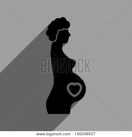 Pregnant Female long shadow vector icon. Style is a flat pregnant female black iconic symbol on a gray square background with longshadow.
