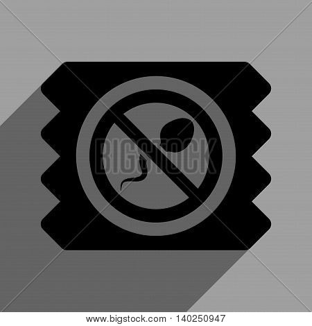 Spermicide Condom long shadow vector icon. Style is a flat spermicide condom black iconic symbol on a gray square background with longshadow.