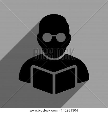 Student Reading Book long shadow vector icon. Style is a flat Student reading book black iconic symbol on a gray square background with longshadow.