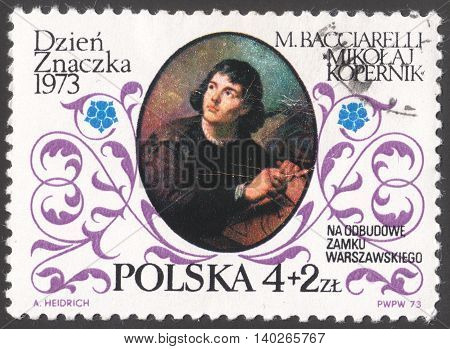MOSCOW RUSSIA - CIRCA FEBRUARY 2016: a post stamp printed in POLAND shows a portrait of Nicolaus Copernicus by Bacciarelli devoted to the day of the stamp 1973 circa 1973