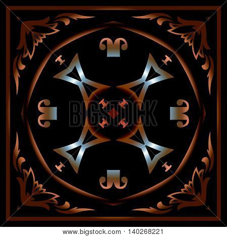 Abstract symmetrical decor in bronze monogram pattern on the black background of the elements of geometric shapes in a square frame