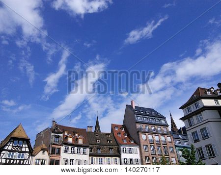 Tiny old european buildings with bright blue sky in Strasbourg France