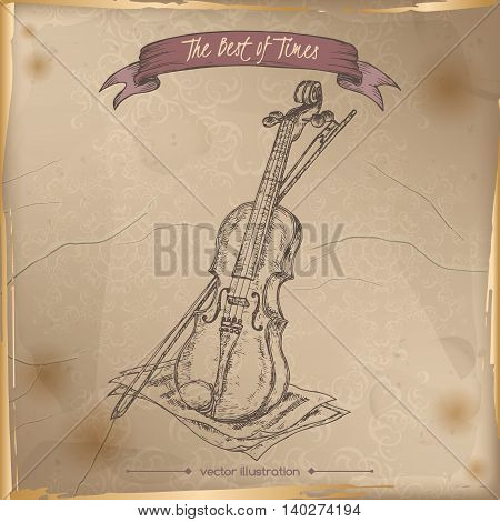 Antique violin hand drawn sketch placed on old paper background. Vintage collection. Great for school, art education, music shop, retro design.