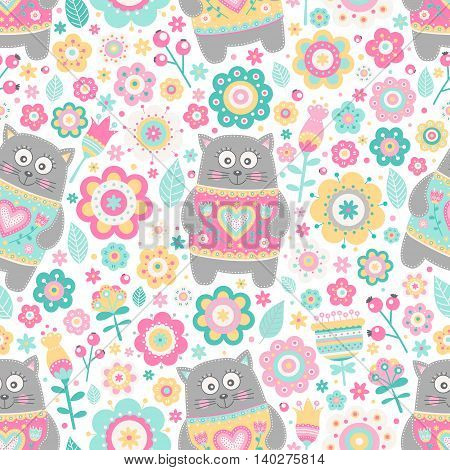 Cute flat cat. Vector seamless pattern with smile cats and flowers. Pastel colors - pink yellow green grey and white. Cute background for kids.