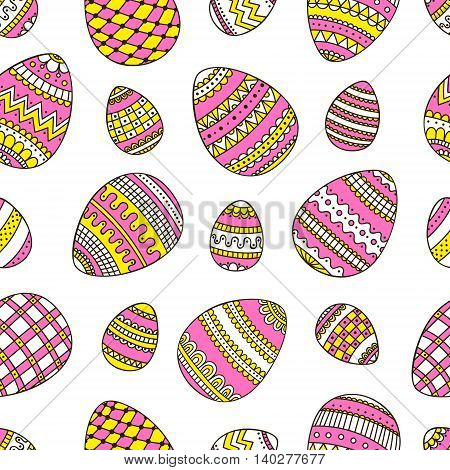 Eggs with hand drawn doodle ornament. Seamless easter doolde pattern with eggs. Vector background.