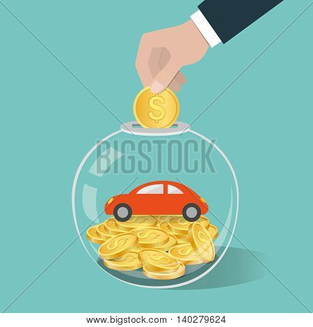 Money Saving Concept. Hand Putting A Coin Into Glass Bottle. Saving To Buy Car.