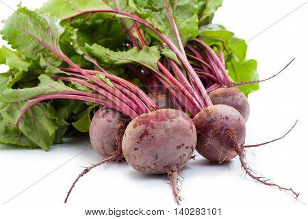 Fresh Beetroot With Leaves, Isolated On White Background. Close-up.