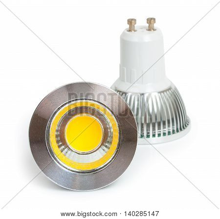 Pair Of Energy Saving Led Light-emitting Diode Bulbs, With Socket Type Gu10  Isolated On A White Bac