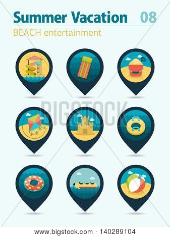 Beach entertainment vector pin map icon set. Summer time Map pointer. Map markers. Vacation eps 10