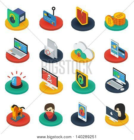 Protection of digital information isometric icons on round bases with  shields antivirus padlocks gadgets isolated vector illustration