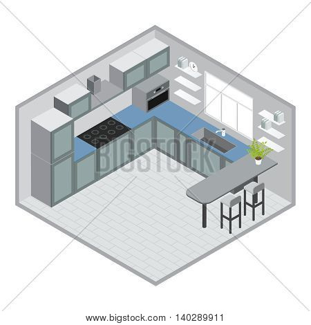 Isometric kitchen design with grey blue cabinets microwave bar counter stools window tiled floor clock vector illustration