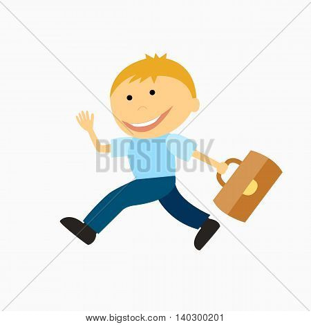 happy boy with briefcase running to school