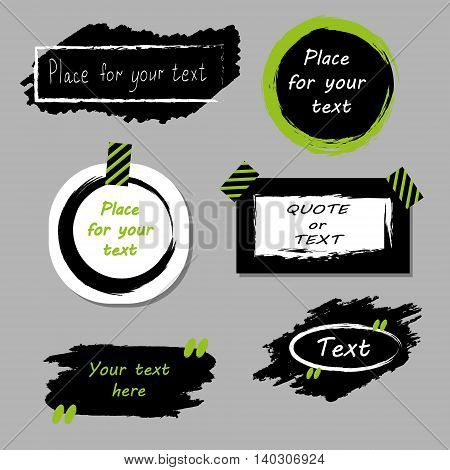 Vector quote boxes collection. Hand drawn frames, square, rectangle and round speech bubbles. Grunge brush strokes texture.Green