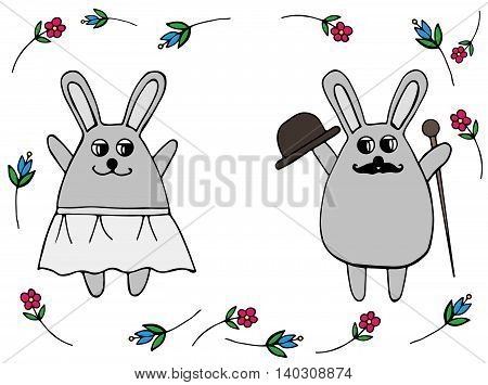 In love wedding rabbit in a skirt and with a hat and walking stick surrounded a scope from flower