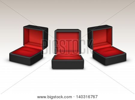 Vector Set of Empty Red and Black Velvet Opened gift jewelry boxes Close up Isolated on White Background