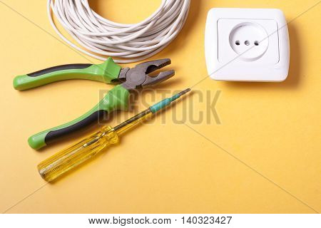 Set of electrical tool. Accessories for engineering work, energy concept