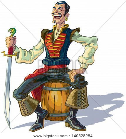 Vector cartoon clip art illustration of an Arabian sailor or pirate sitting on a barrel while laughing and holding a sword. Could represent Sinbad or one of his men.