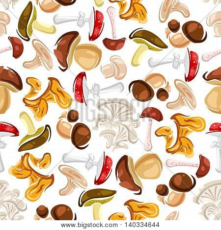 Mushrooms seamless background. Vector wallpaper with pattern of amanita, champignon, lactarius, boletus, chanterelle