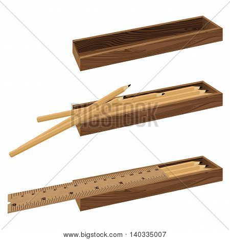 Ruler, pencil and box on a diorama view. Wooden object box set.