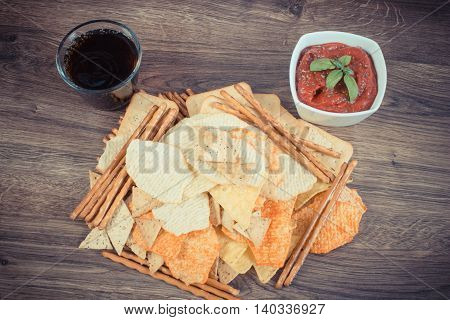 Vintage Photo, Heap Of Unhealthy Food, Sauce With Basil And Cola On Wooden Board