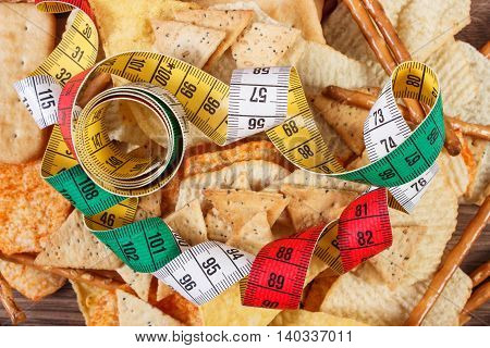 Centimeter With Salted Crisps, Cookies And Breadsticks, Concept Of Unhealthy Food And Slimming